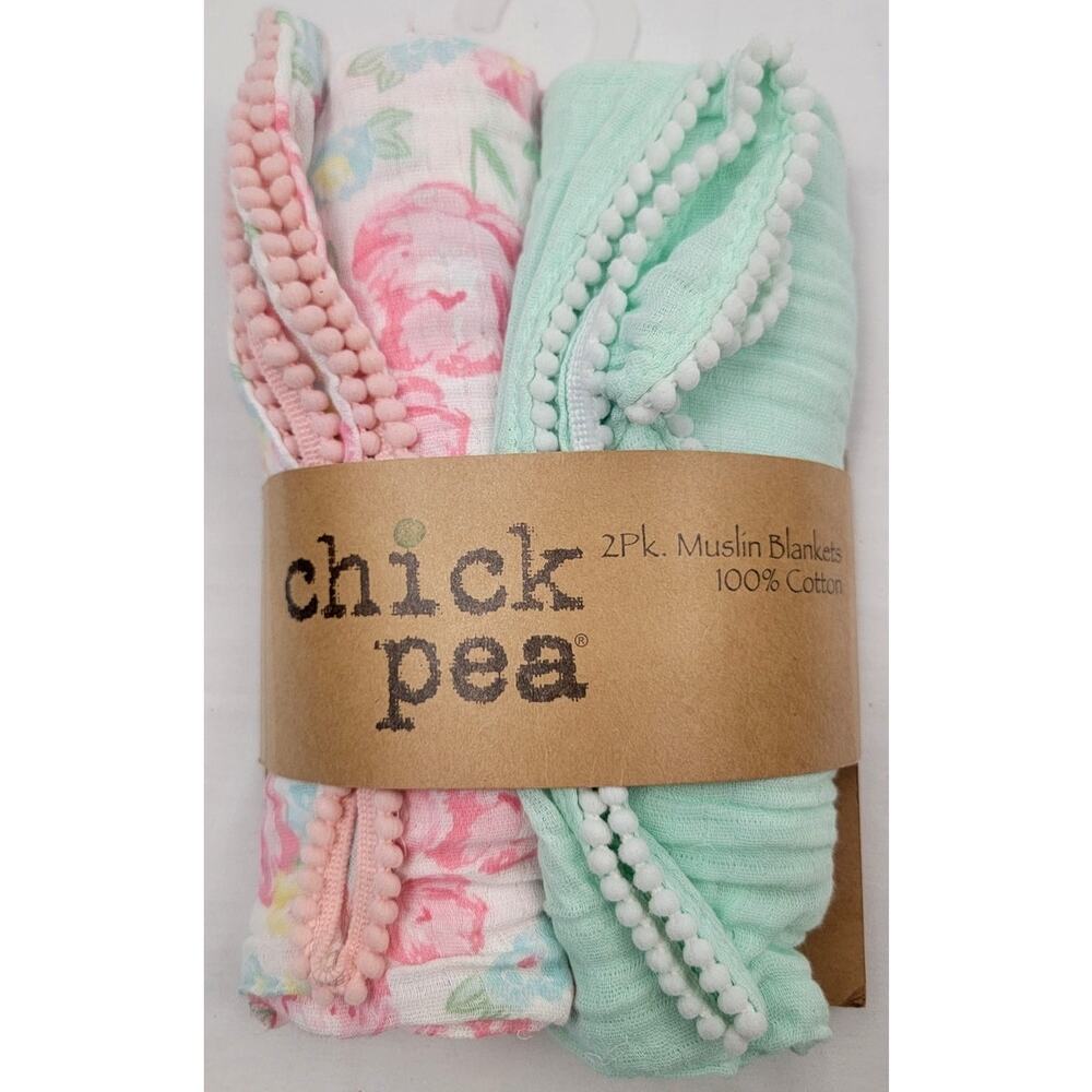 Chick Pea Baby Muslin Swaddle Blanket Set 2Pk Floral Pom Trim NWT